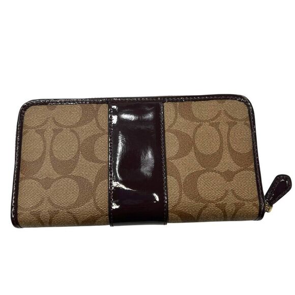 Coach Signature C Patent Leather Zip-Around Wallet Accordion Wallet Brown - Picture 2 of 9
